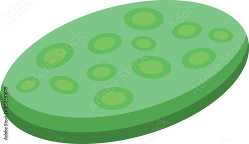 Green oval object with circular protrusions, possibly representing a biological structure, a geological formation, or an abstract concept