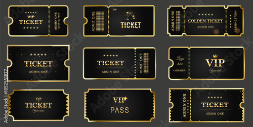 Set of elegant black and gold VIP tickets and passes. Luxury vector templates for premium events, concerts, and cinema. Includes barcodes and stars. Ideal for exclusive access invitations.