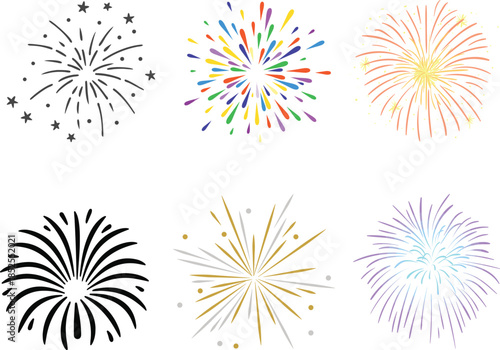 Collection of colorful cartoon fireworks and rockets exploding in the night sky.Festive red fireworks icons set for celebrations and events.colorful fireworks in red and blue isolated on transparent 