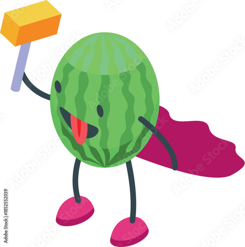 Cartoon illustration of a superhero watermelon holding a mallet, sticking out its tongue, and wearing a cape