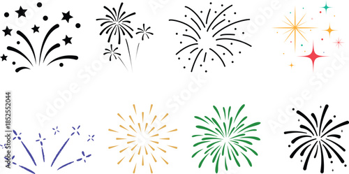 Collection of colorful cartoon fireworks and rockets exploding in the night sky.Festive red fireworks icons set for celebrations and events.colorful fireworks in red and blue isolated on transparent 
