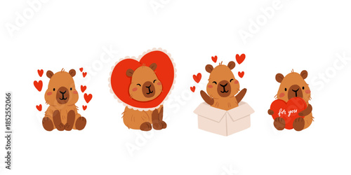 Cute Valentines Day capybara clipart set with heart balloons, romantic letters, capybara in gift box, kawaii animals with hearts, love messages and presents, characters for cards, stickers and print