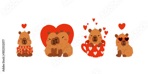 Cute Valentines Day capybara clipart set with heart balloons, romantic letters, capybara in gift box, kawaii animals with hearts, love messages and presents, characters for cards, stickers and print