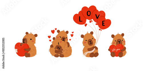 Cute Valentines Day capybara clipart set with heart balloons, romantic letters, capybara in gift box, kawaii animals with hearts, love messages and presents, characters for cards, stickers and print