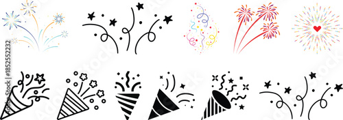 Collection of colorful cartoon fireworks and rockets exploding in the night sky.Festive red fireworks icons set for celebrations and events.colorful fireworks in red and blue isolated on transparent 