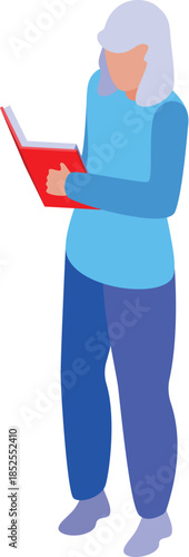 Elderly woman engrossed in reading a red book, enjoying her retirement