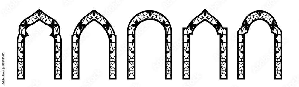 Obraz premium Arabian mosque window, arabic door with arabesque ornament. Old islamic frames, arches with geometric motif pattern. Muslim palace architecture borders, gates with mashrabiya panel. Ramadan, Al-Adha