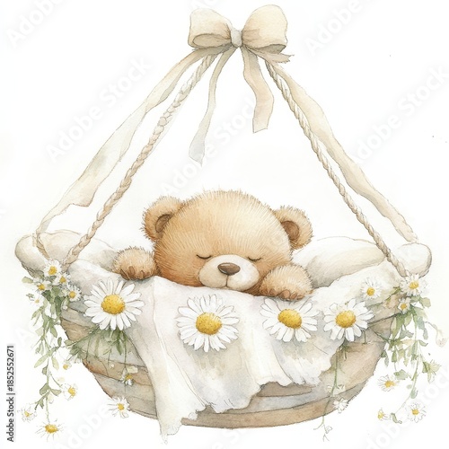 Soft Baby Doll With Floral Surroundings, Peaceful Scene Featuring Sleeping Teddy In Delicate Floral Setting