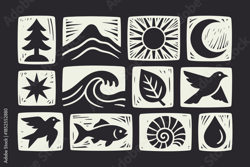 Linocut Nature Icon Set: Tree, Mountain, Sun, Moon, Water, Wildlife Symbols