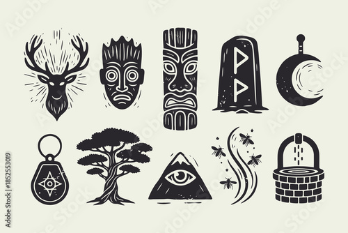 Retro Woodcut Mystic Symbols Set: Pagan, Tribal, and Occult Icons Vector Illustration