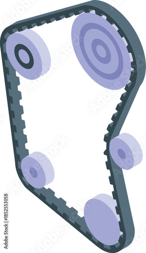Timing belt rotating and connecting multiple pulleys, ensuring synchronized movement in an engine