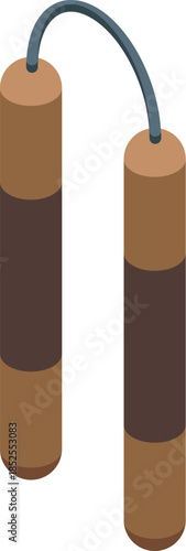 Traditional nunchaku weapon made of wood connected by a metal chain, used for martial arts training and self defense