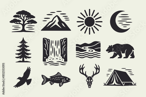 Rustic Nature and Wildlife Icon Set: Vintage Silhouettes of Outdoor Adventure Symbols