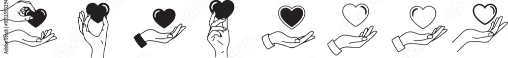 Fototapeta premium vector Hand holding heart icon set , charity and love symbol vector in black and white in white background.