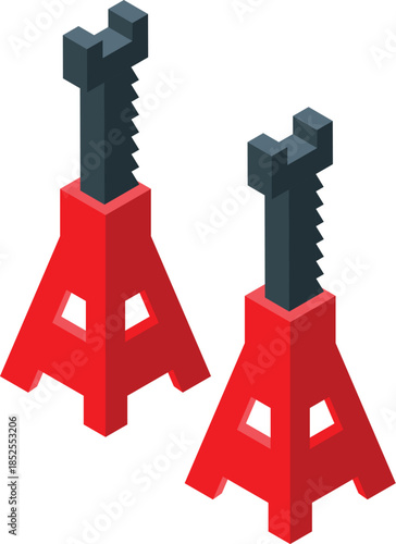 Two red jack stands are ready for lifting a car for maintenance or repair