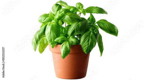 Fresh vibrant basil herb growing in a terracotta pot isolated against a pure black background