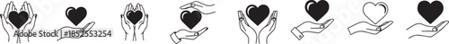  vector Hand holding heart icon set , charity and love symbol vector in black and white in white background.