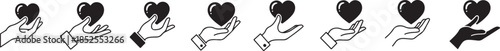  vector Hand holding heart icon set , charity and love symbol vector in black and white in white background.
