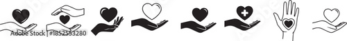  vector Hand holding heart icon set , charity and love symbol vector in black and white in white background.