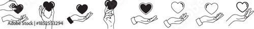  vector Hand holding heart icon set , charity and love symbol vector in black and white in white background.