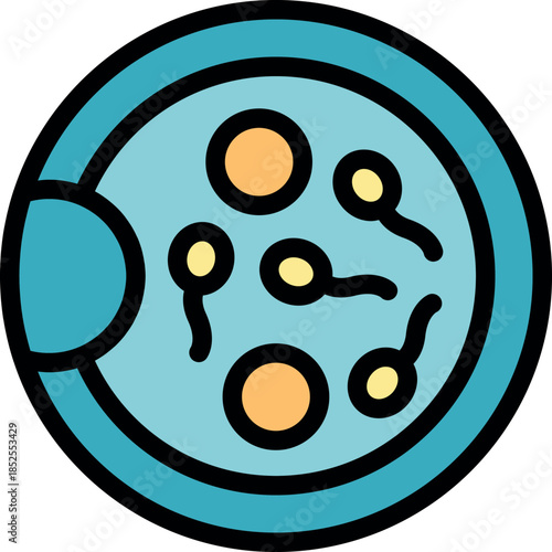Spermatozoa swimming towards oocytes in a petri dish during in vitro fertilization process