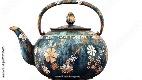 Ornate antique dark blue ceramic teapot featuring detailed floral patterns and a rustic gold finish
