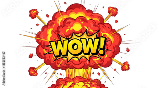 Comic book style explosion with W O W text isolated on a transparent background cartoon