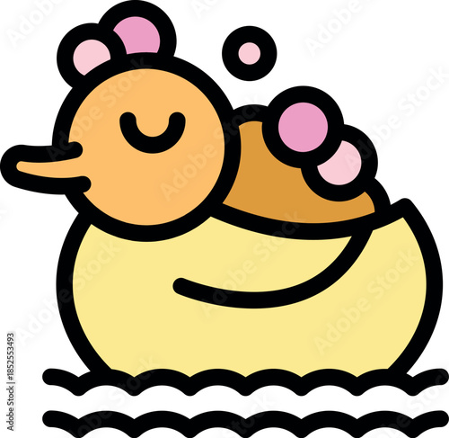 Yellow rubber duck enjoying a relaxing bath with foam