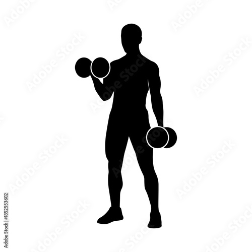 Silhouette of person lifting dumbbells for exercise.