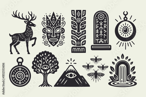Esoteric Black Vector Icons Set: Deer, Tribal Masks, Runes, Third Eye, and Spiritual Nature Symbols.