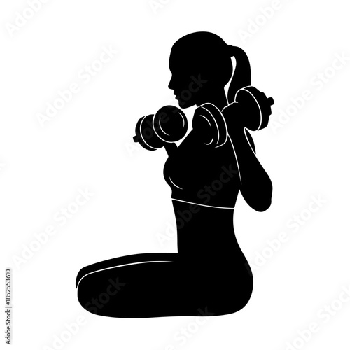 Silhouette of woman lifting dumbbells in seated exercise pose.
