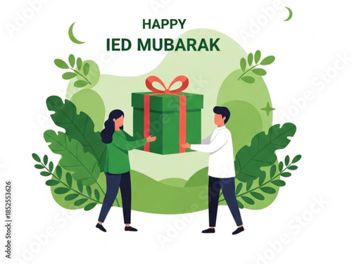Happy Eid Mubarak Gift Exchange Illustration with People and Leaves