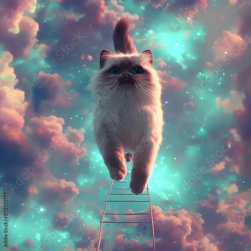 A white and fluffy cat gracefully walks on a ladder in a surreal, cosmic sky filled with pink and teal clouds, creating a dreamy atmosphere.