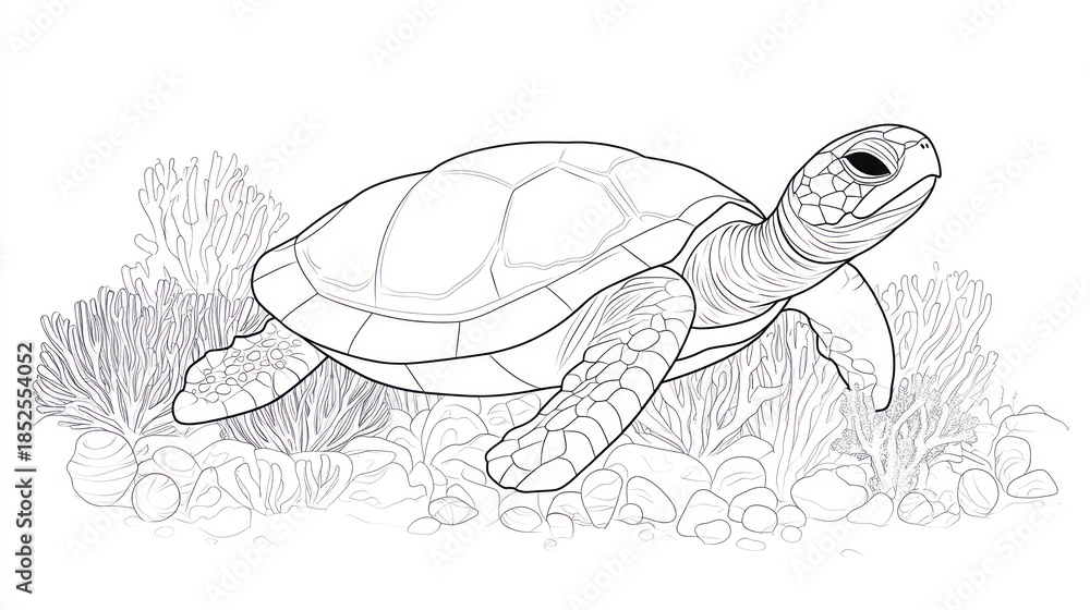 Fototapeta premium Detailed illustration of a sea turtle in its underwater habitat