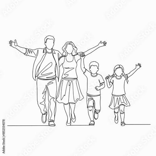 Happy family walking together, continuous one line drawing. Parents and children with outstretched arms, symbolizing joy and freedom.