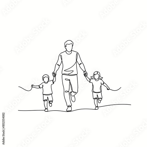 Minimalist continuous line drawing of a father running hand-in-hand with two children, symbolizing family bond, love, and togetherness.