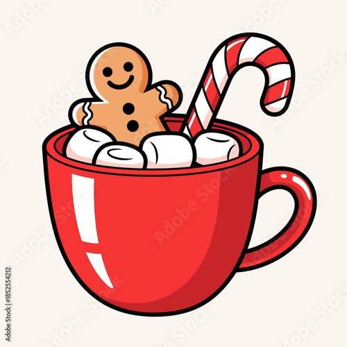 Festive Hot Cocoa Mug with Gingerbread Man, Marshmallows, and Candy Cane - Cute Winter Holiday Drink Illustration