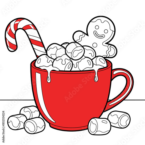 Festive Hot Chocolate Mug with Marshmallows, Candy Cane, and Gingerbread Man Cookie. Cozy Winter Drink Illustration.
