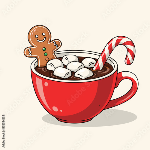 Cozy Christmas Hot Chocolate Mug with Gingerbread Man, Marshmallows & Candy Cane Illustration