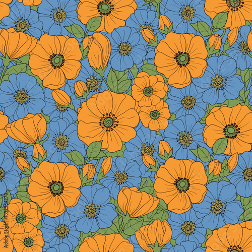 Vibrant Retro Floral Seamless Pattern with Orange and Blue Flowers on a Blue Background