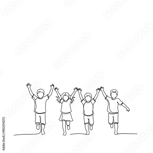Continuous line art of four joyful children running hand-in-hand, symbolizing friendship, unity, and childhood happiness.