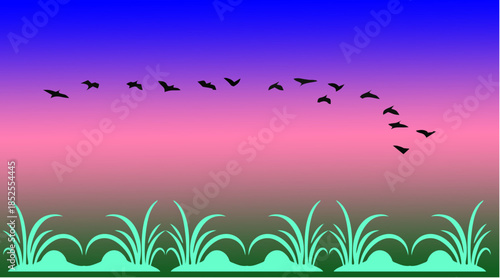 A tranquil twilight sky embraces migrating birds, gliding in graceful arc above quiet marsh grass, symbolizing freedom, calm journeys, and returning hope.