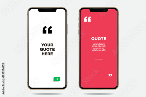 Editable vector mockup of two smartphone screens showing clean, modern user interface designs for motivational quotes or testimonial text posts.