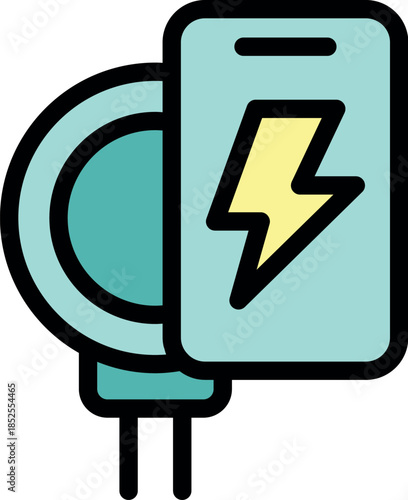 Magnetic wireless charger is charging smartphone battery, showing lightning bolt symbol