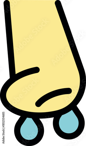 Cartoon nose dripping mucus, representing allergy symptoms, flu, cold or rhinitis