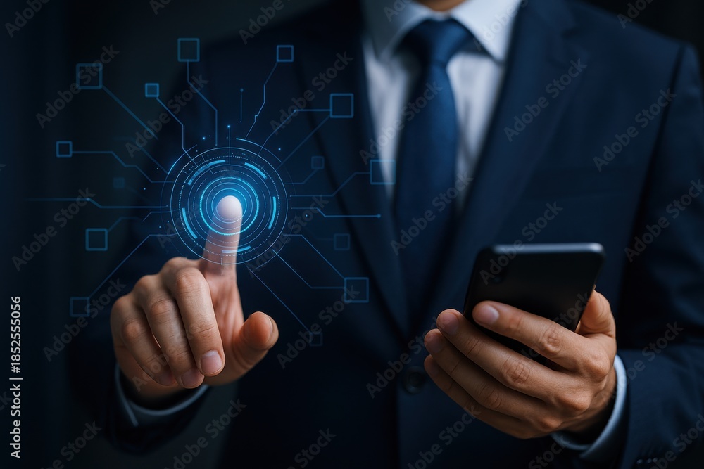 Obraz premium Business professional interacting with holographic interface, symbolizing digital transformation and innovation in technology-driven environments.