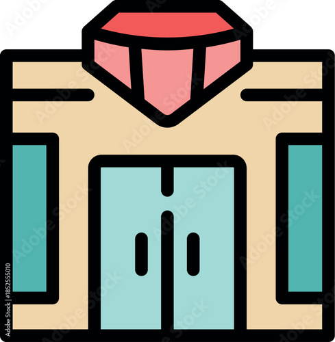 Modern jewelry store building with large diamond shaped roof and glass doors, representing retail business and commercial architecture