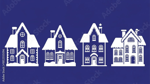 Winter Snowy Gingerbread Houses Silhouette Collection, Cozy Christmas Homes on Dark Blue Background