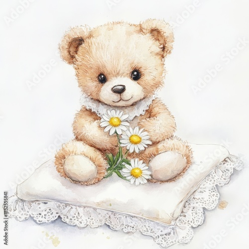 Cuddly Toy Scene, Sweet Watercolor Depiction Of Plush Teddy Embracing Daisies On Cozy Nursery Pillow