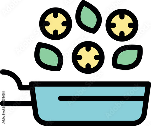 Sliced potatoes and basil leaves falling into a frying pan, representing the cooking process